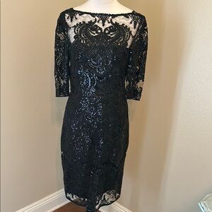 Tahari Black Sheath Dress with Bateau Neckline and 3/4 Sleeves